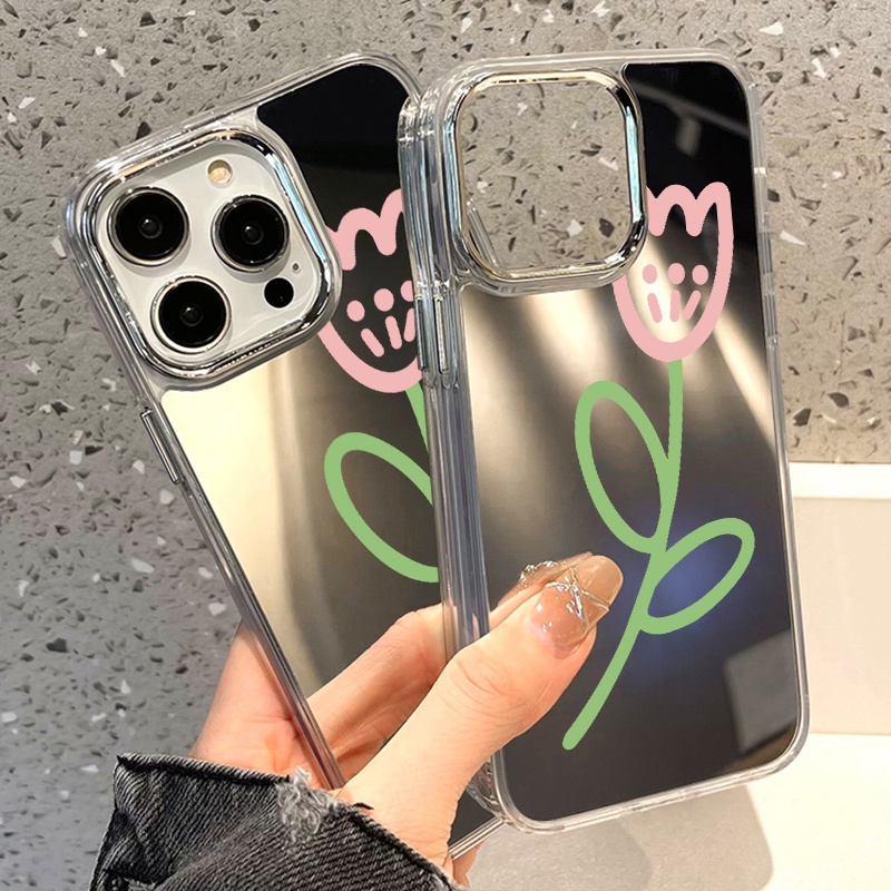 IPHONE Casing Ponsel Cermin Graffiti Tulip Kompatibel Untuk Iphone11 12 13 14 12Pro 13Pro 14Pro Pro Max XR X XS Max Electroplating Tombol Perlindungan Mirror Cover