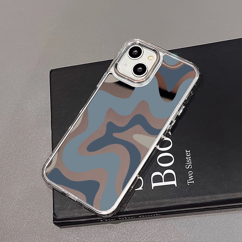 IPHONE Art Abu-Abu Biru Lukisan Cermin Ponsel Case Kompatibel Untuk Iphone11 12 13 14 12Pro 13Pro 14Pro Pro Max XR X XS Max Electroplating Tombol Perlindungan Mirror Cover