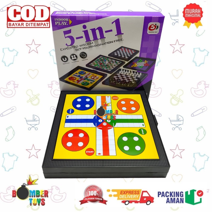 MAINAN ANAK KELUARGA BOARD GAME 5 IN 1 MAGNET LUDO CATUR HALMA ULAR TANGGA