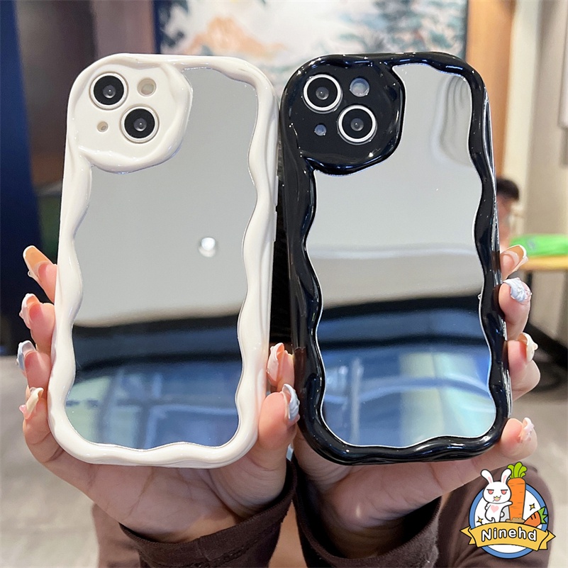 IPHONE 3d Cream Wavy Edge Makeup Mirror Phone Case Kompatibel Untuk Iphone14 13 12 11 Pro Max X Xr Xs Max8 7 6 6s Plus SE 2020 Perlindungan Kamera Anti Gores Silikon Lembut TPU Penutup Belakang