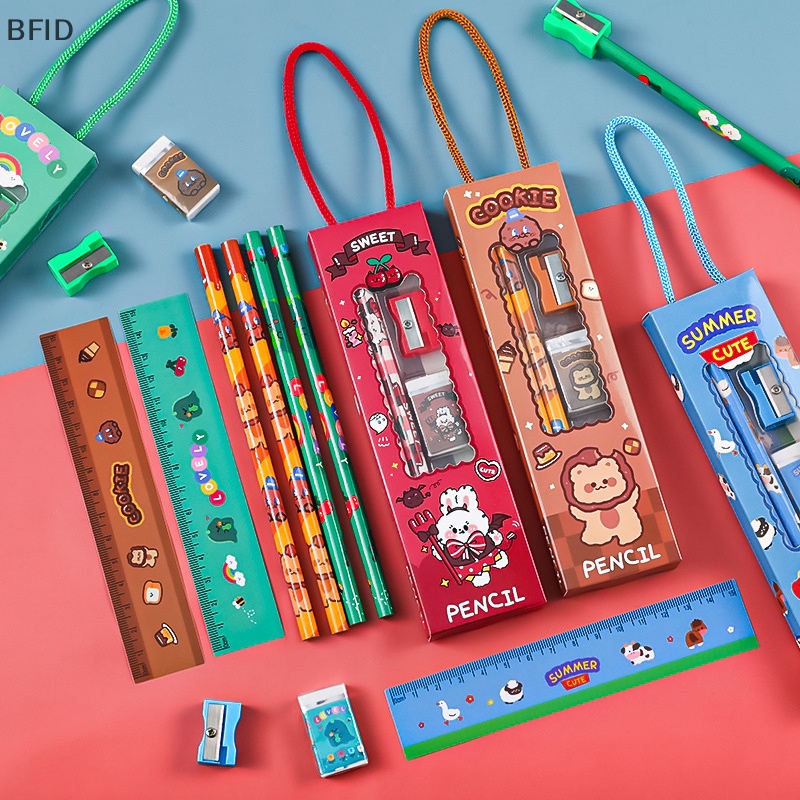 [BFID] 5pcs Kreatif Portabel Set Alat Tulis Kartun Pensil Penggaris Pengasah Penghapus Set Hadiah Untuk Anak Sekolah Kantor Wrig Prize Stationery Set [ID]