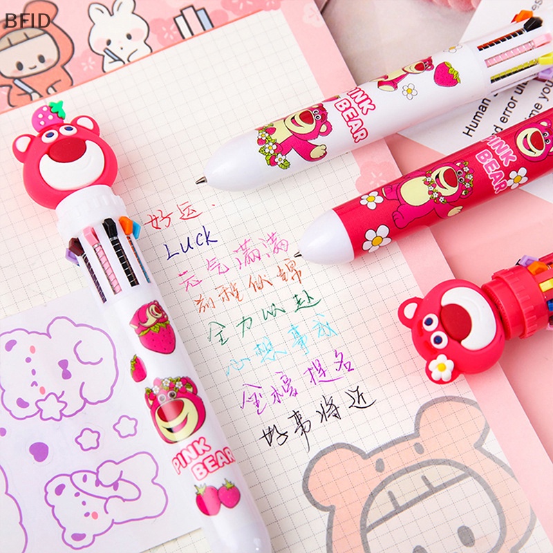 [BFID] Strawberry Bear 10warna Pulpen Bolpoin Multi Warna Kawaii Kartun Press-type Color Pen Alat Tulis Sekolah Pasokan Multi-Fungsi Hadiah Alat Tulis [ID]