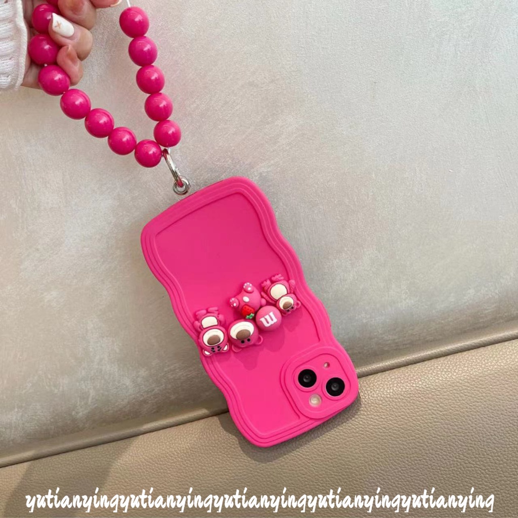 Shockproof Simple Wave Edge Bead Bracelet Case Compatible for IPhone 7 6s 8 6 Plus XR XS X MAX 11 13 12 14 Pro Max SE 2020 3D Cute Lotso Decor Soft Back Case with Heart Bracelet