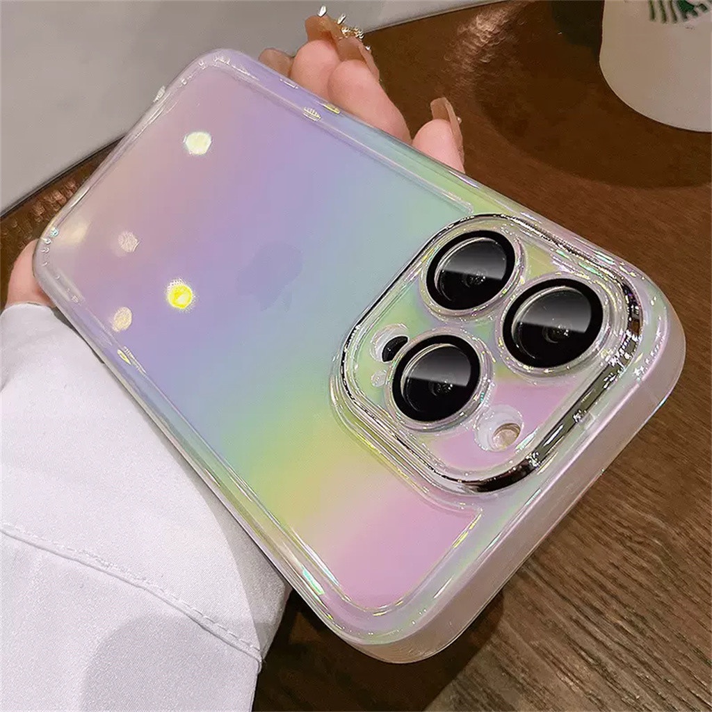 Kasing bening laser Kasing iPhone 12 13 Pro Max Kasing iPhone 14 Pro Max 14 plus dengan lensa pelindung kamera TPU tahan guncangan soft case mewah