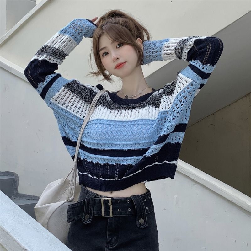 Premium Sweater Wanita Korea Cutout Lengan Panjang Stripe Casaul Atasan