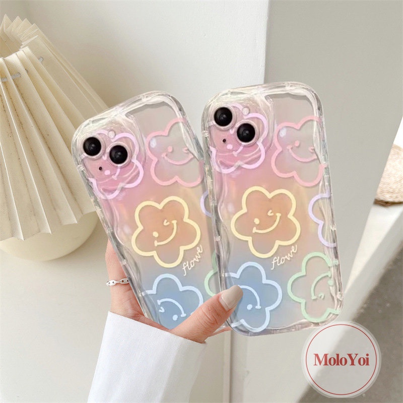 Cartoon Smiley Fresh Flowers Holder Bracket Case Compatible for IPhone 7 6 8 6s Plus XR X XS Max 11 14 13 12 Pro Max SE 2020 3D Wavy Curved Edge INS Korean Colorful Graffiti Cover