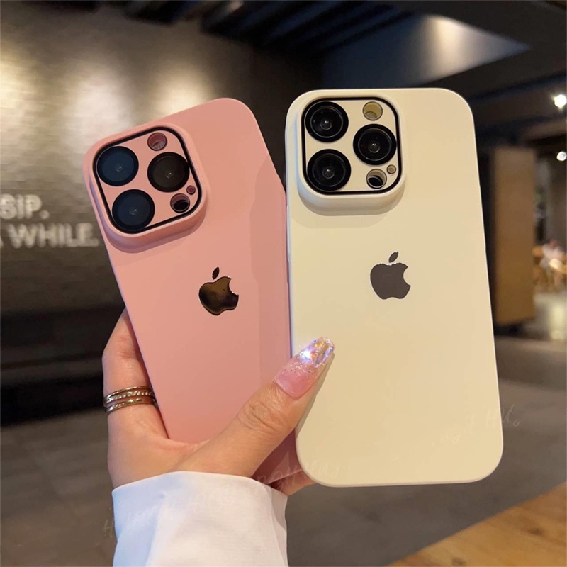 Dengan logo case iPhone 14 Pro Max Dengan Kamera Perlindungan Lensa case Iphone12 13 Pro Max14 Plus case Mewah shockproof Kulit Merasa Perlindungan hard case