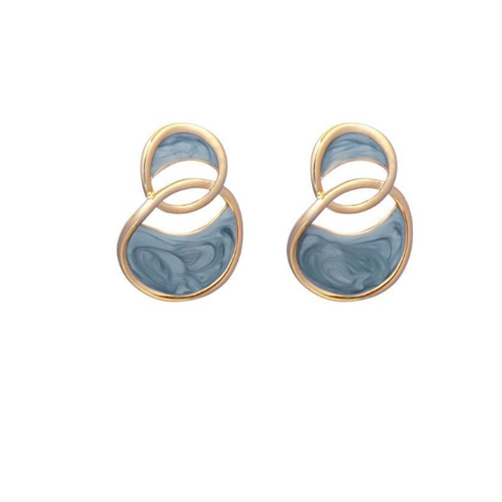 Anting Klip Bulat Geometris Biru Untuk Perhiasan Enamel Wanita Non Tindik Ear Cuff