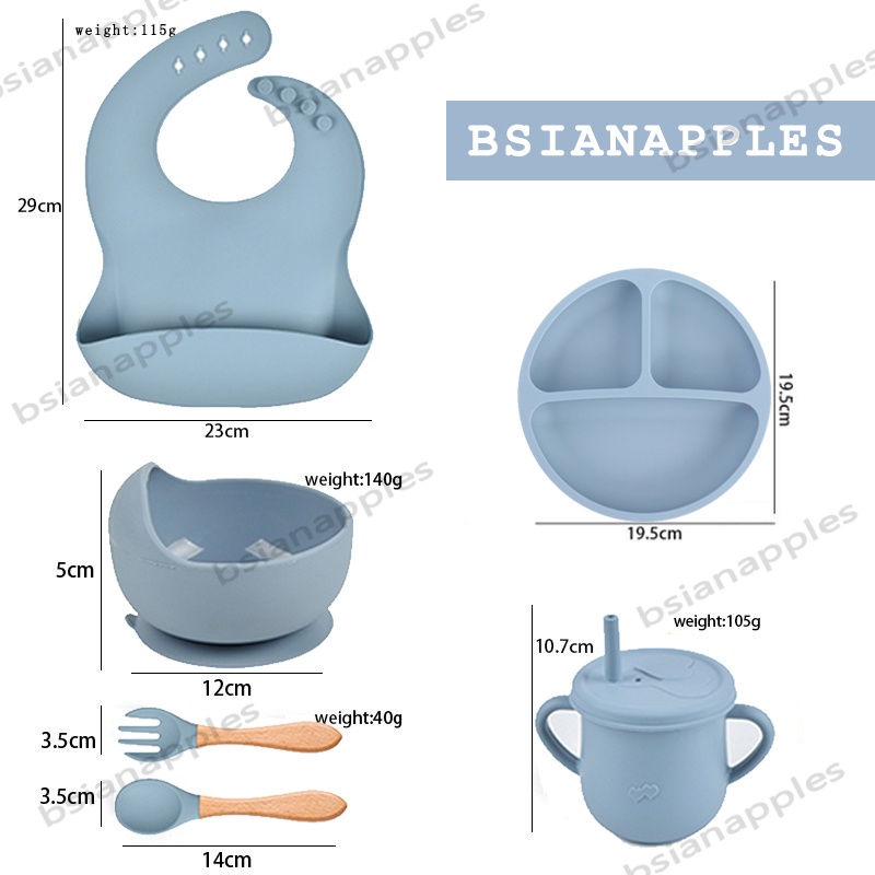 6 pcs Peralatan Makan Bayi Silikon Alat pemberian makanan tambahan untuk anak-anak Peralatan makan silikon peralatan makan mpasi BPA Free Waterproof Mangkok Piring Sendok Garpu Bib Cup Silikon Non Slip