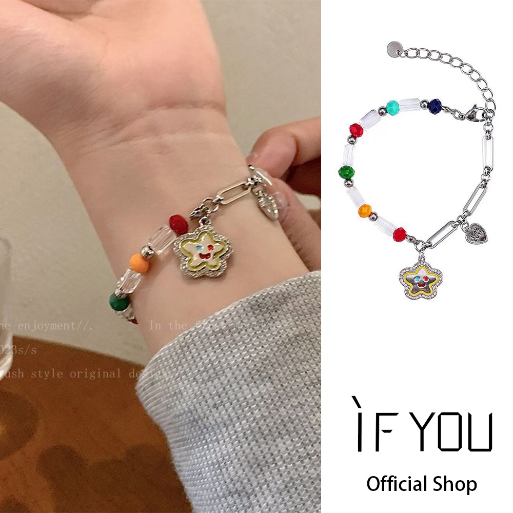 Ifyou Gelang Smile Bintang Manik-Manik Warna-Warni Gelang Hati Sliver Elegan Untuk Aksesoris Perhiasan Wanita