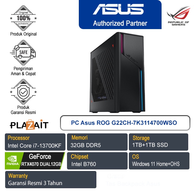 Asus PC ROG G22CH-7K3114700WSO/Intel Core i7-13700KF/32GB/1TB+1TB SSD/NVIDIA GeForce RTX4070 DUAL12G