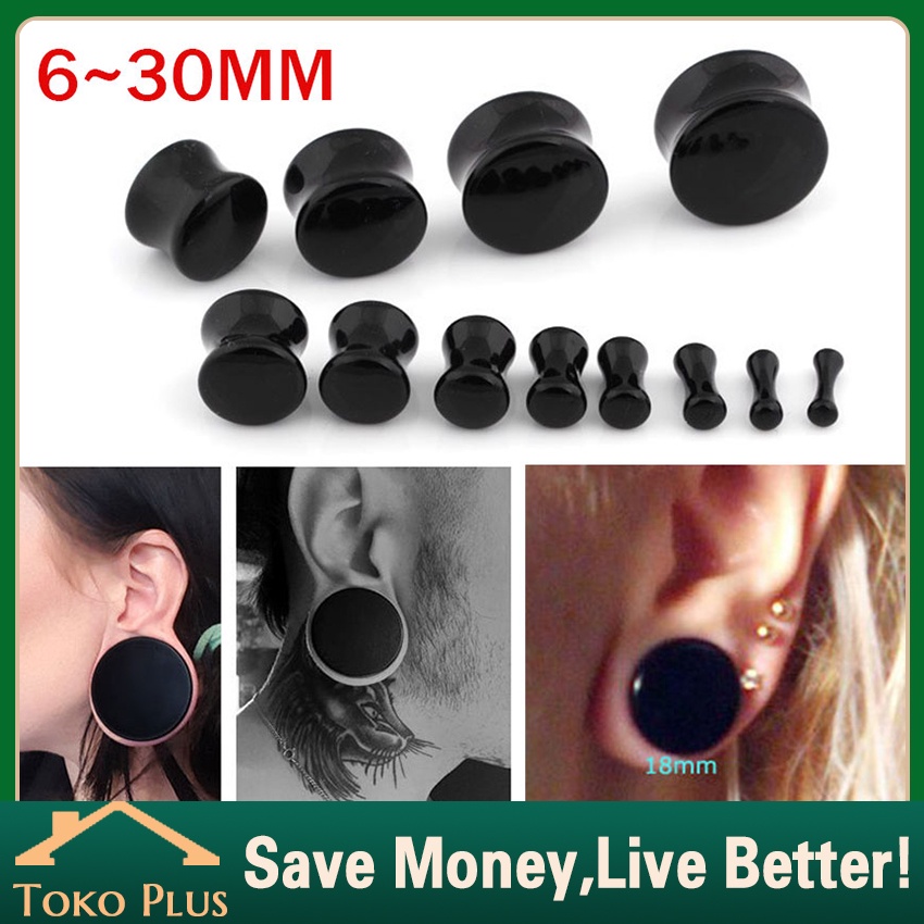2Pcs Piercing Plug Earring Full Black Acrylic 6mm - 30mm Pembesar Tindik Telinga Model Flare Ganda W