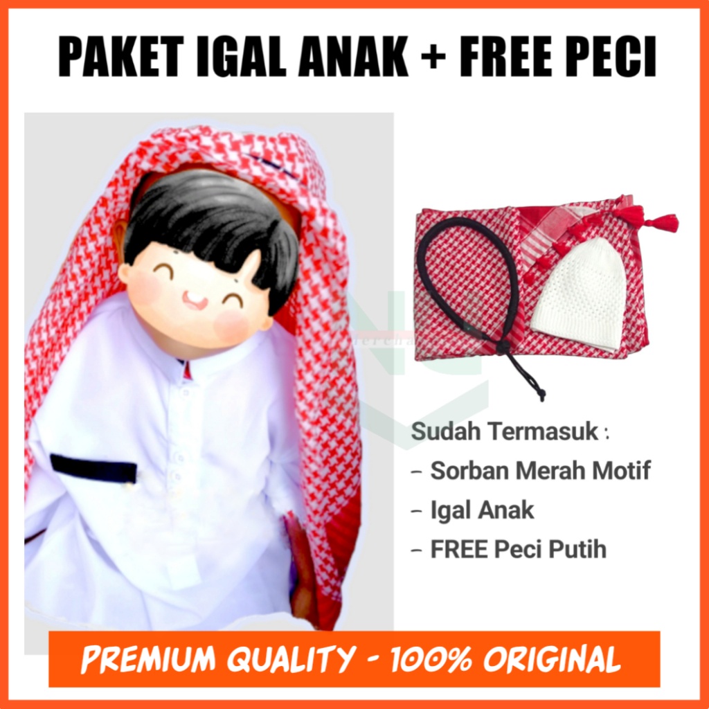 Sorban Kelapa Putih / Sorban Arafat Anak Plus Igal Pengikat Sorban / Sorban Kepala Anak Laki Laki / 