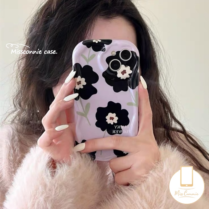 IPHONE Floral Soft Tpu Phone Case Kompatibel Untuk Iphone11 13 12 14 Pro Max7 8 6s 6 Plus XR X XS Max SE 2020 Glossy 3D Wavy Curved Edge Fresh Flower Airbag Shockproof Purple Cover