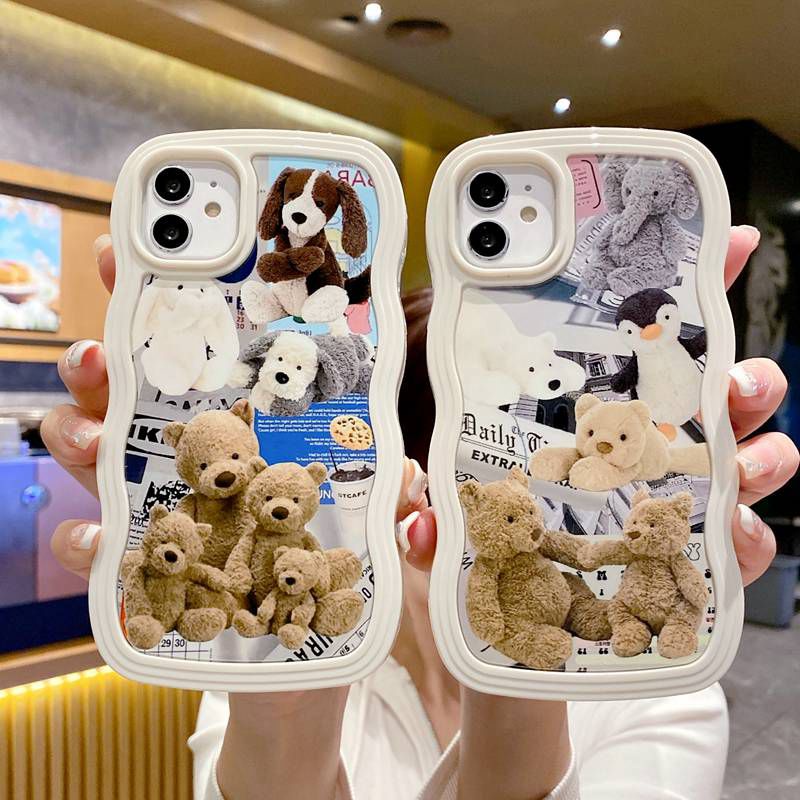 Lovely Brown Bear Family 2in1 Wave Soft Case HP iP iPhone 14 13 12 11 Pro X XS XR Max 7 8 + Plus White FTD Casing Apple