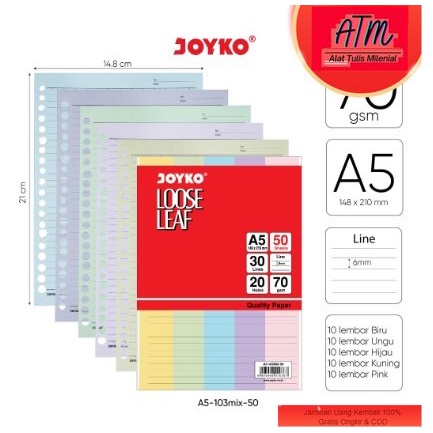 

Loose Leaf Color Isi Kertas File Binder Warna Joyko A5 50 Lembar