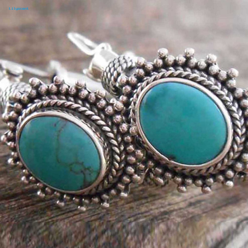 Lilyscent 1pasang Anting Klip Tindik Perhiasan Aksesoris Vintage Turquoise Lady Boho Earrings Simple