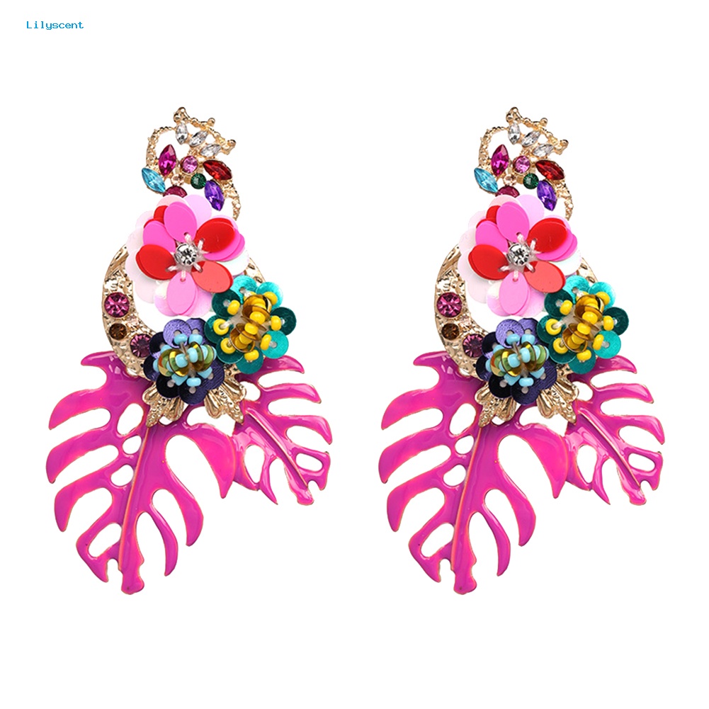 Lilyscent Vintage Wanita Daun Bunga Warna-Warni Sequin Beads Berlian Imitasi Statement Earrings