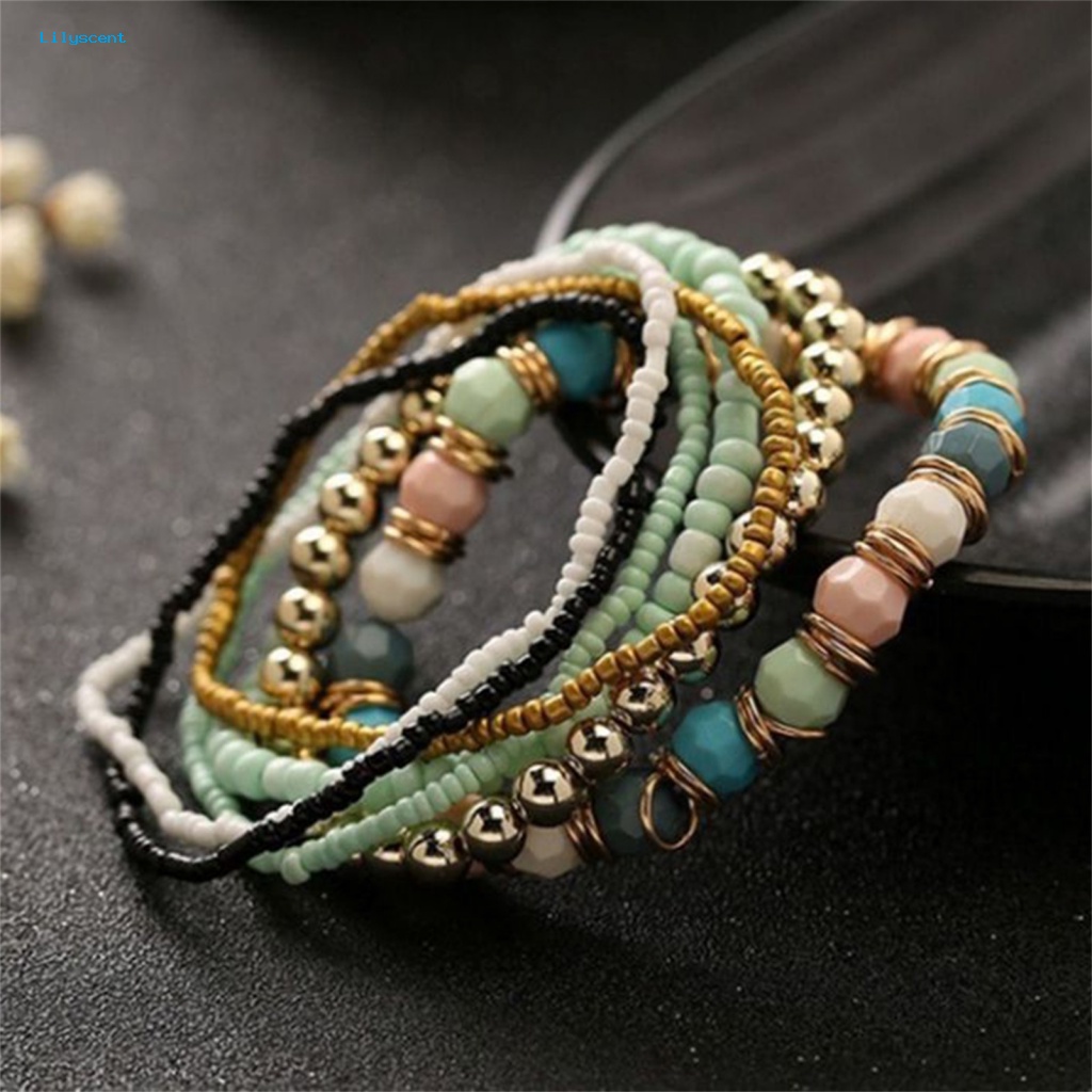 Lilyscent 7Pcs/Set Multicolor Bangle Untuk Pacaran Wanita Boho Gelang Manik-Manik Elastis Bohemian