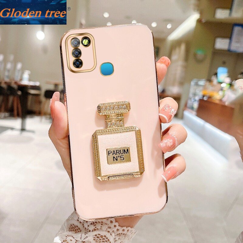 Gloden tree Casing Case Untuk Infinix Smart6 Plus HD Smart6 Smart 5pro Smart4 Smart 4C Case Dengan Botol Parfum Kickstand Lipat Cakupan Penuh Kamera Case