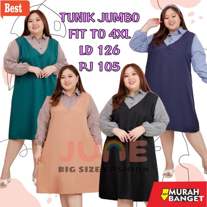 Tunik jumbo terbaru untuk wanita- JUNE TUNIK JUMBO KOTAK KOMBINASI/TUNIK JUMBO KALUNA 4XL LD 126