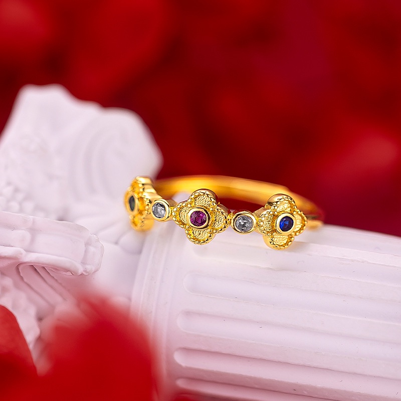 Goldkingdom Fashion Perhiasan 24 K Bangkok Aksesoris Spot Imigrasi Perempuan Gaya Kantor Empat Daun Semanggi Berwarna Berlian Cincin Wanita Berlapis Emas Cincin