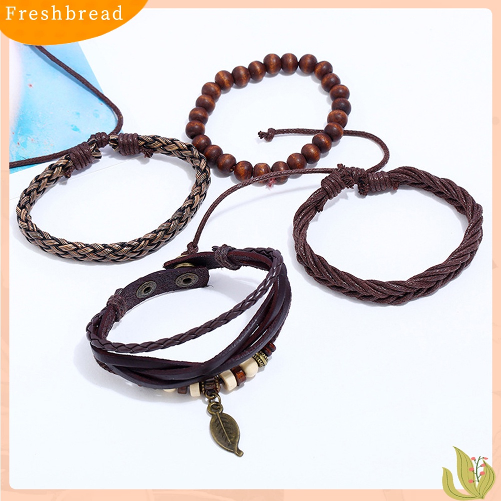 &lt; Freshbread &gt; 4Pcs/Set Pria Kulit Imitasi Daun Liontin Multi-layer Braided Bracelet Wristband