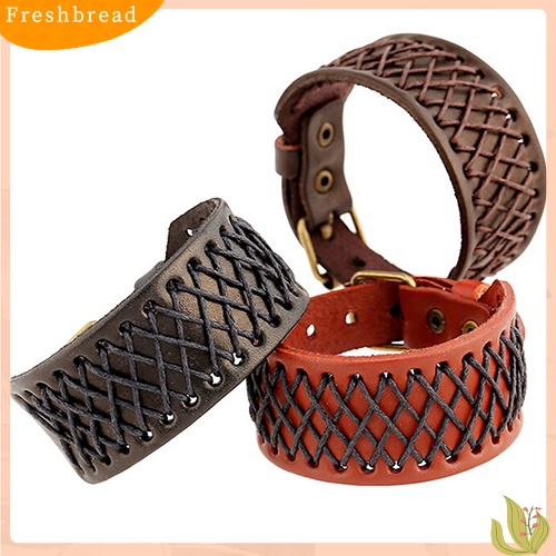 &lt; Freshbread &gt; Pria Wanita Gaya Punk Kepang Lebar Kulit Bangle Retro Gelang Cuff Bracelet