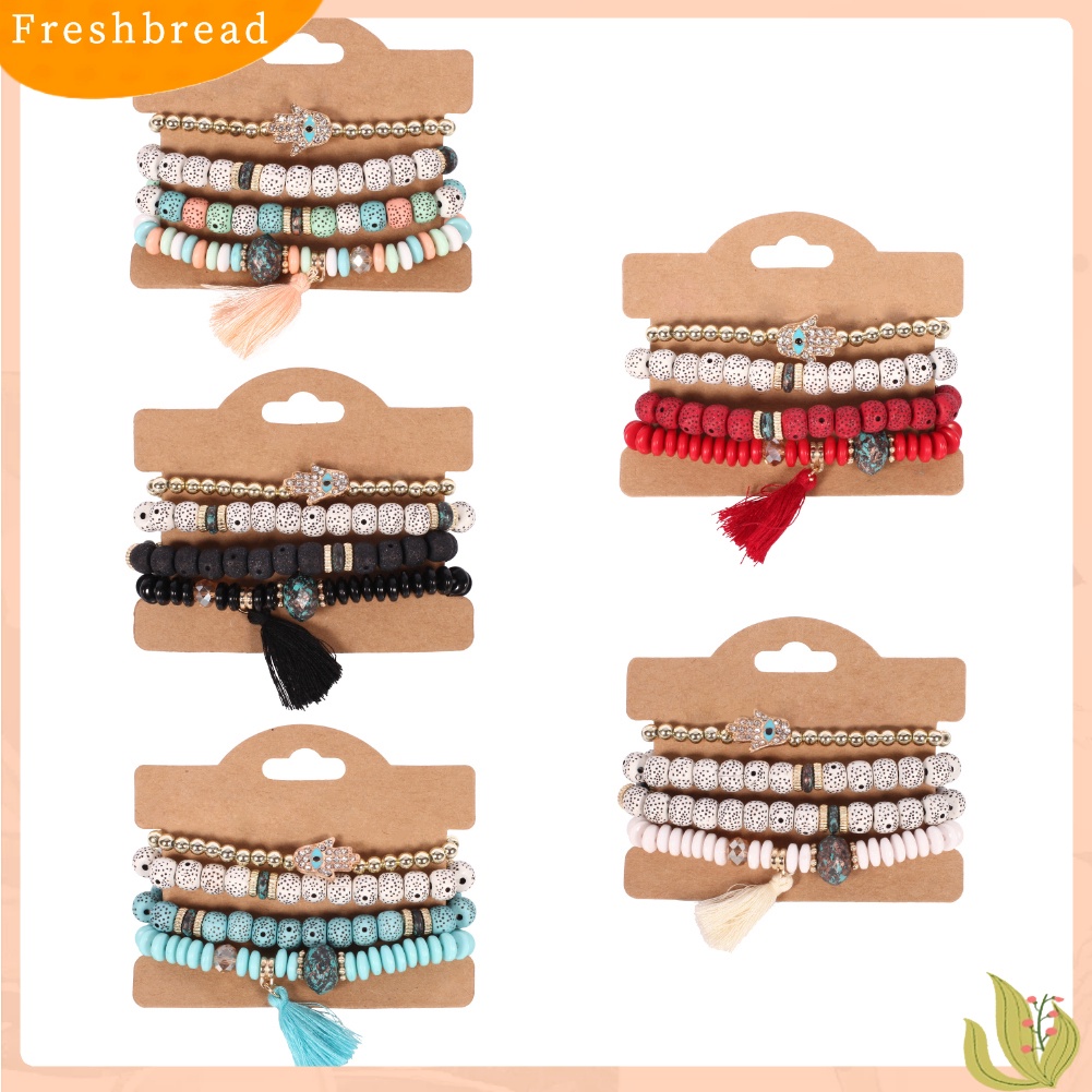 &lt; Freshbread &gt; 4Pcs Vintage Wanita Mutiara Imitasi Bodhi Beads Rumbai Gelang Set Pernyataan Perhiasan