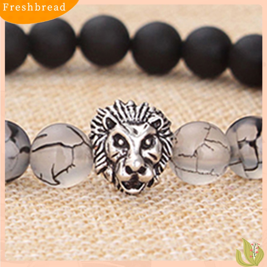 &lt; Freshbread &gt; Charm Gelang Elastis Adjustable Frosted Stone Silver Lion Beaded Cuff Bracelet Untuk Pakaian Sehari-Hari