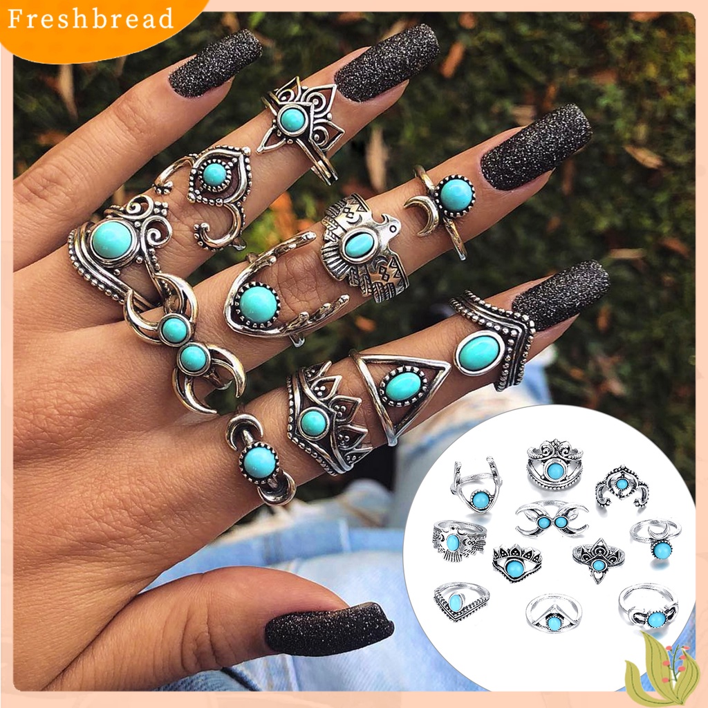 &lt; Freshbread &gt; 11 Pcs Berongga Bulu Stackable Knuckle Rings Gaya Etnik Bunga Permata Imitasi Jari Rings Perhiasan Aksesori