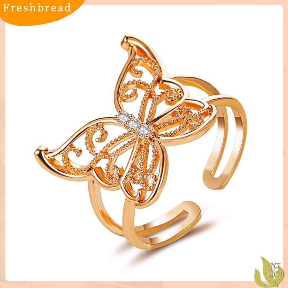 < Freshbread > Fashion Wanita Berongga Kupu-Kupu Berlian Imitasi Pembukaan Lebar Jari Cincin Perhiasan Pesta