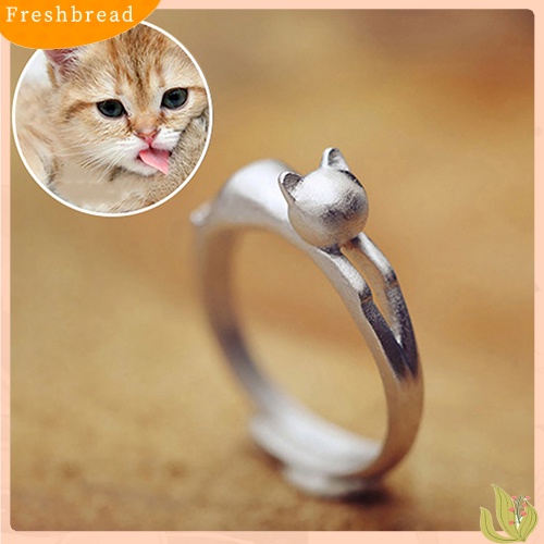 &lt; Freshbread &gt; Fashion Wanita Kucing Lucu Perak Berlapis Cincin Jari Terbuka Yang Dapat Disesuaikan Hadiah Xmas