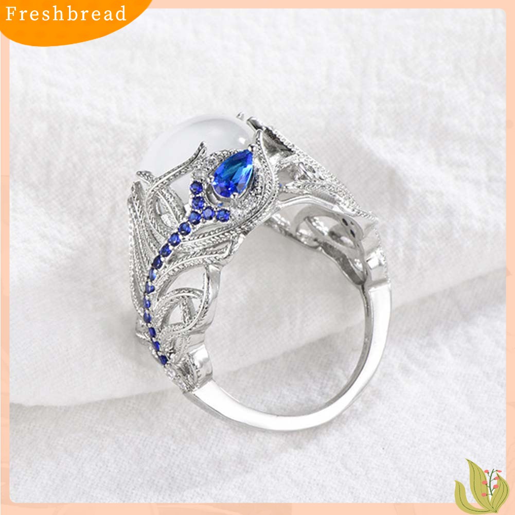 &lt; Freshbread &gt; Wanita Faux Sapphire Opal Hias Bulu Merak Jari Cincin Hadiah Perhiasan Pernikahan