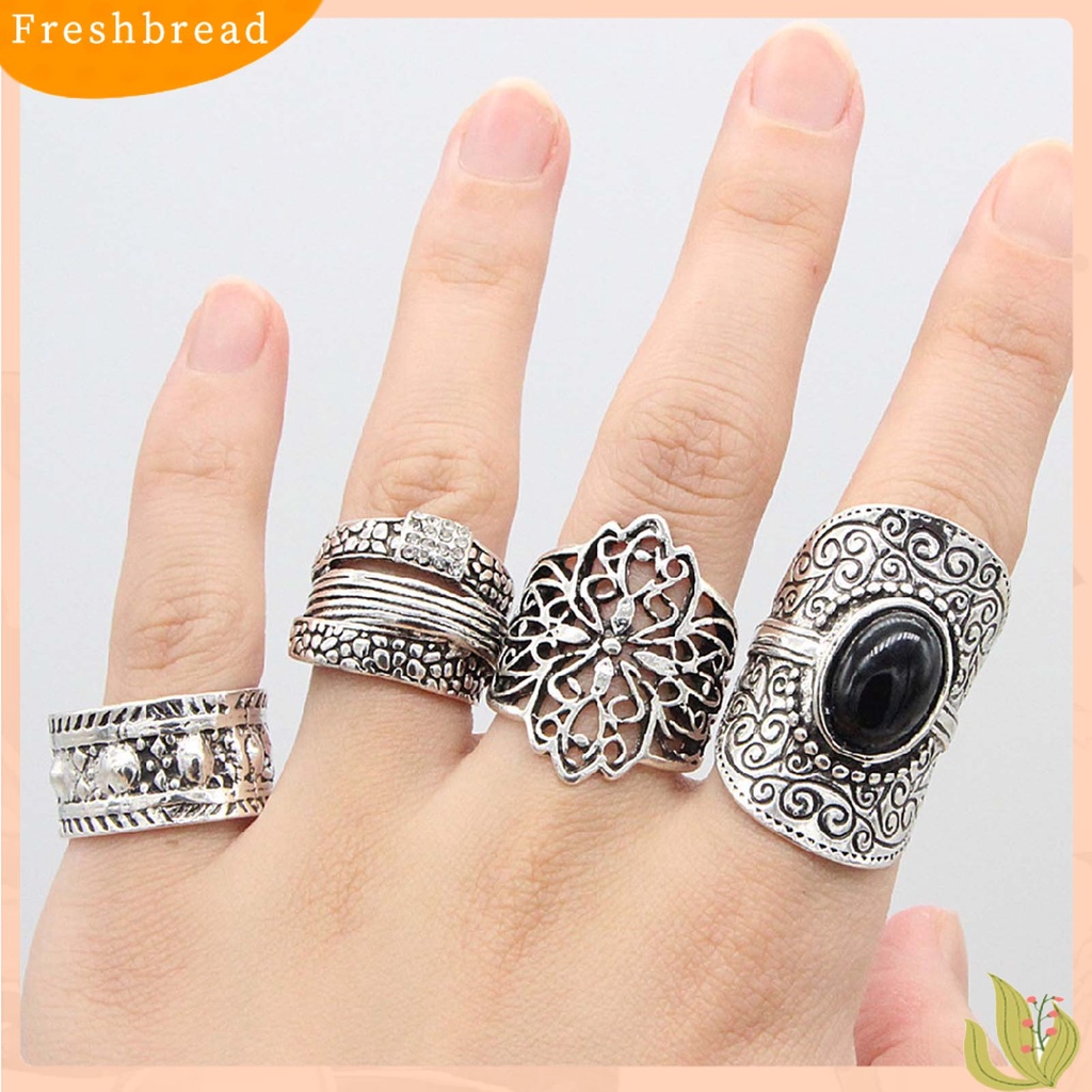 &lt; Freshbread &gt; 4Pcs/Set Cincin Unisex Lebar Gaya Etnik Alloy Hollow Pola Ukir Knuckle Rings Aksesoris Perhiasan