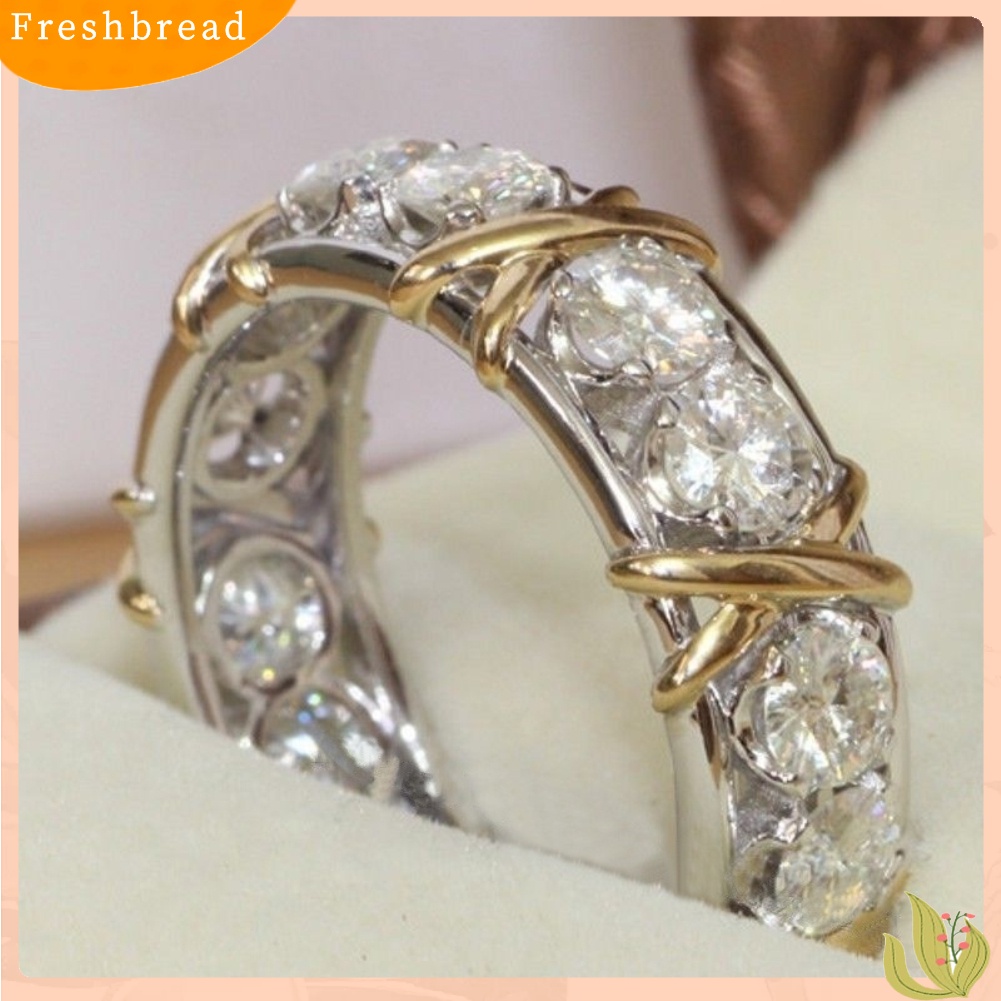 &lt; Freshbread &gt; Fashion Penuh Cubic Zirconia CZ Cross Cincin Berlapis Emas Putih Lady Pernikahan Perhiasan