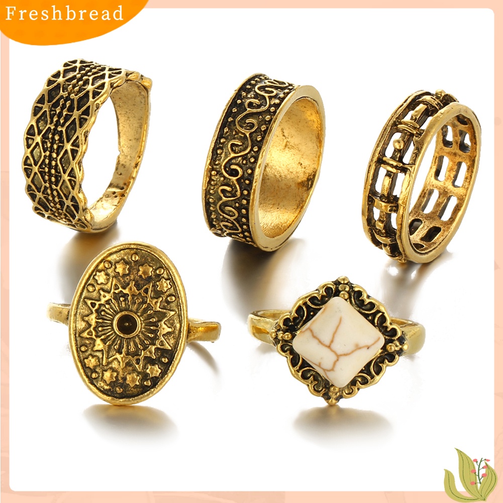 &lt; Freshbread &gt; 5Pcs/Set Vintage Wanita Buku Jari Midi Ujung Tumpuk Cincin Perhiasan Hadiah Golden