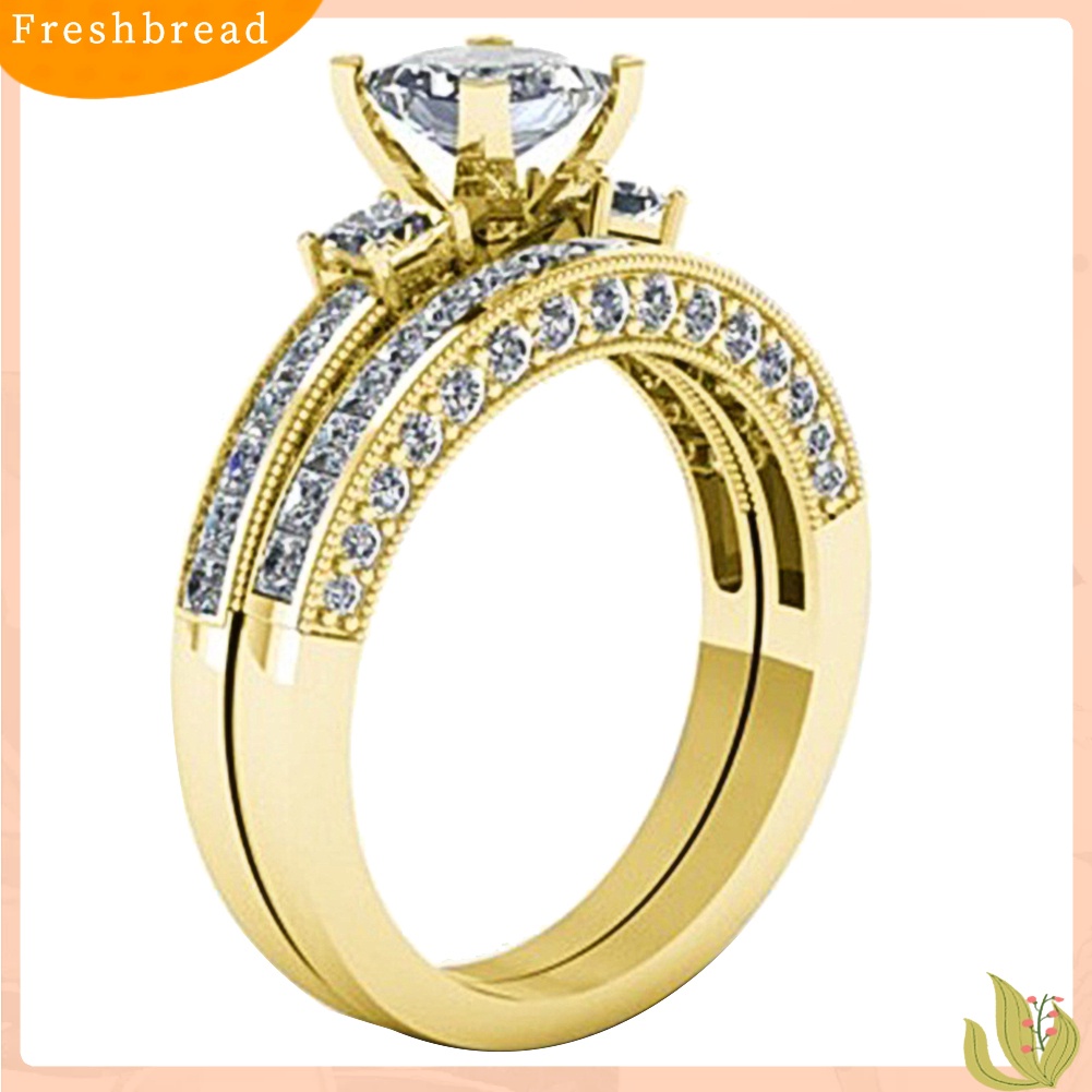 &lt; Freshbread &gt; 2Pcs/Set Wanita Pertunangan Pernikahan Putri Potong Berlian Imitasi Bertatahkan Cincin Susun