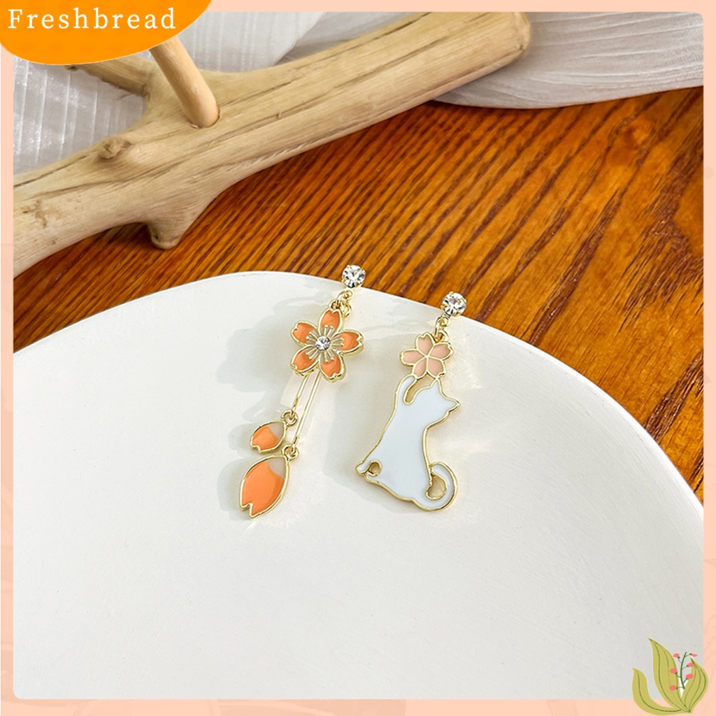 &lt; Freshbread &gt; 1pasang Drop Earrings Kartun Asimetris Electroplating Liontin High Gloss Hiasan Telinga Tahan Luntur Fashion Wanita Anak Bunga Telinga Kucing Studs Untuk Pakaian Sehari-Hari