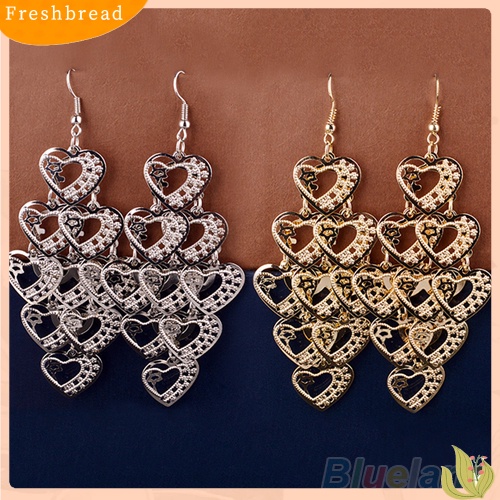 < Freshbread > Fashion Wanita Berongga Multilayer Manis Hati Menjuntai Kait Anting Panjang Perhiasan