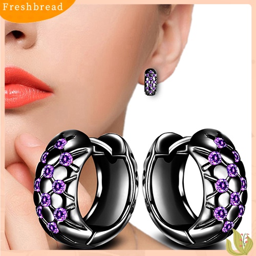 &lt; Freshbread &gt; Wanita Elegan Ungu Cubic Zirconia Ear Hoop Huggie Earrings Perhiasan Hadiah