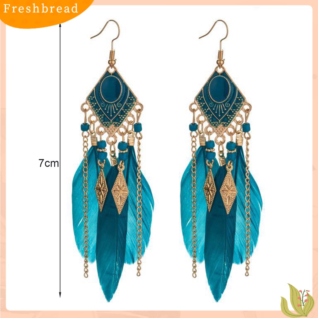 &lt; Freshbread &gt; 1pasang Anting Kait Bohemian Tetes Minyak Geometris Persegi Panjang Liontin Temperamen Dekorasi Elegan Bulu Buatan Rumbai Menjuntai Anting Aksesoris Kostum