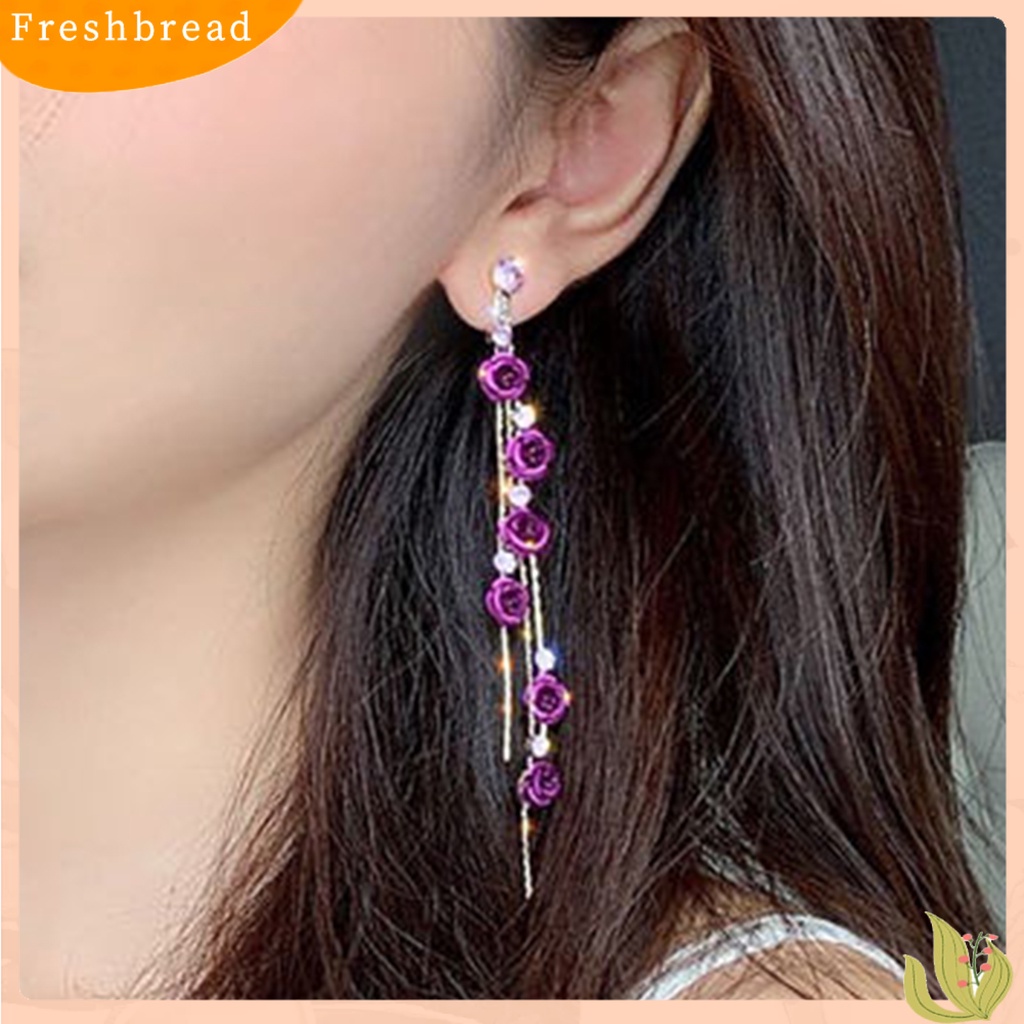 < Freshbread > 1pasang Anting Wanita Bentuk Mawar Rumbai Manis Berlian Imitasi Menjuntai Anting Untuk Hadiah