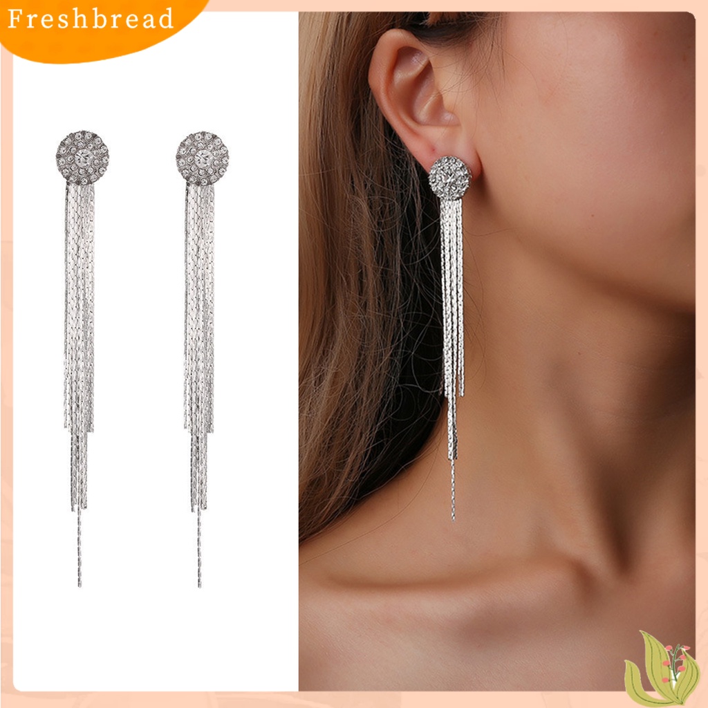 &lt; Freshbread &gt; 1pasang Anting Wanita Kristal Imitasi Bersinar Rumbai Electroplating Lurus Gantung Berdandan Aksesori Panjang Rumbai Menjuntai Anting Gantung Perlengkapan Kostum