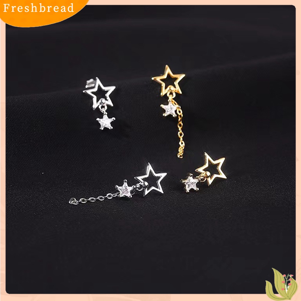 &lt; Freshbread &gt; 1pasang Ear Studs Rantai Bintang Berongga Rumbai Tidak Teratur Warna Emas/Perak Cubic Zirconia Tertanam Bintang Drop Anting-Anting Perhiasan Fashion