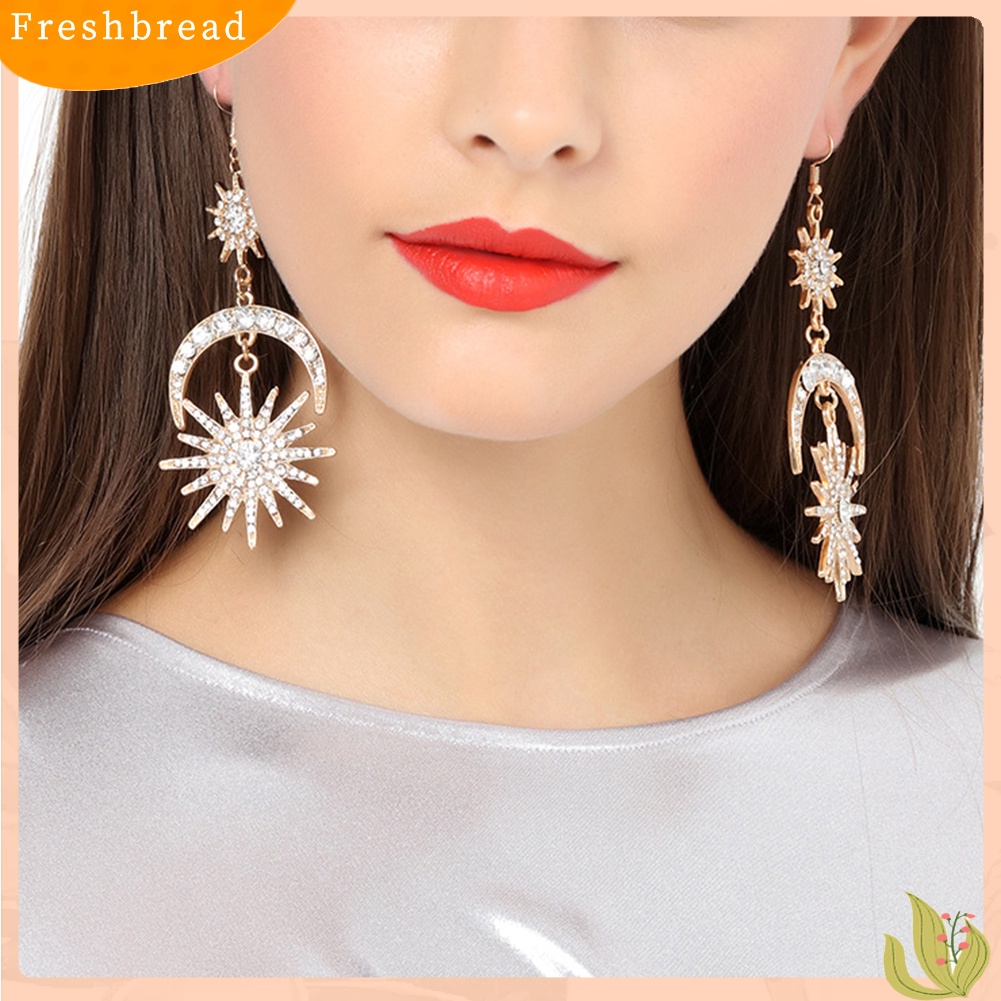 &lt; Freshbread &gt; Mewah Matahari Bulan Drop Anting-Anting Berlian Imitasi Mengkilap Ear Hook Boho Statement Jewelry