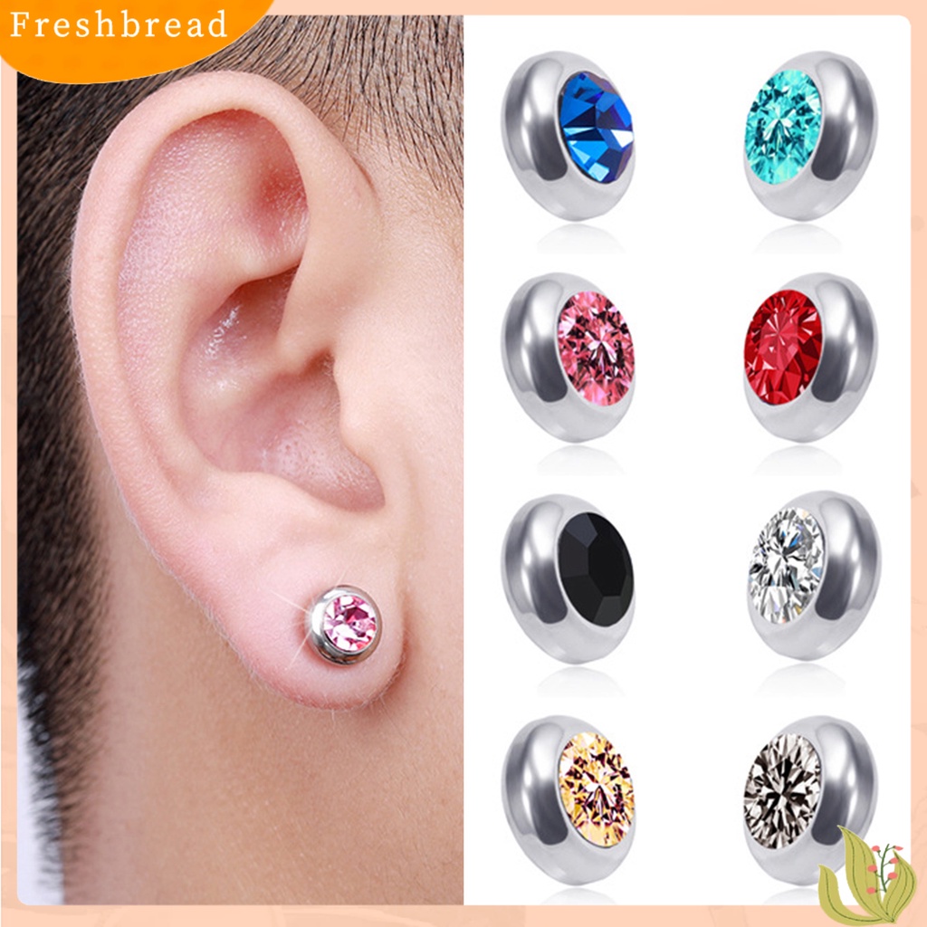 &lt; Freshbread &gt; 1pasang Ear Studs Non-Piercing ic Stainless Steel Bulat Berwarna Berlian Imitasi Tertanam Pria Wanita Anting-Anting Fashion Perhiasan