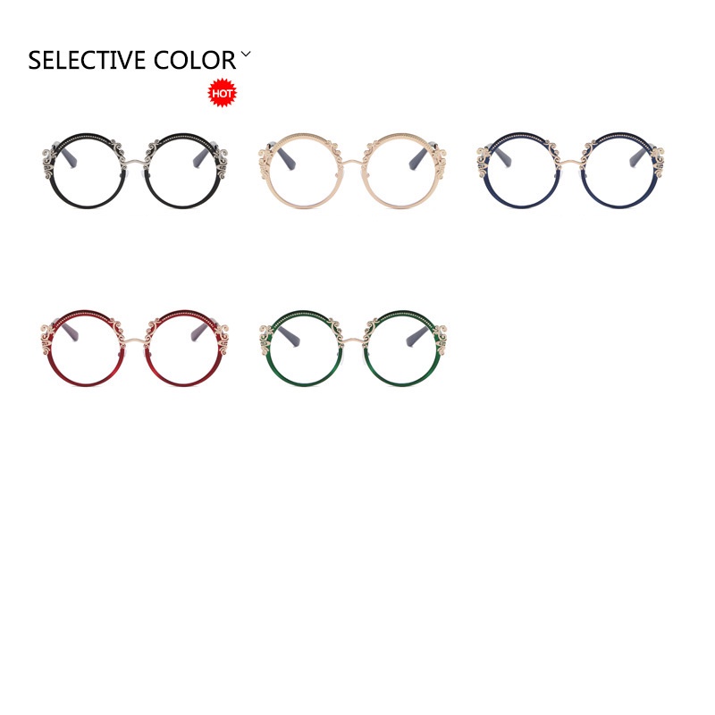 (YUZHU) Western Fashion Metal Round Engraved Eyeglasses New Fashion Design Matte Color Anti Blue Light Eyeglasses Untuk Wanita