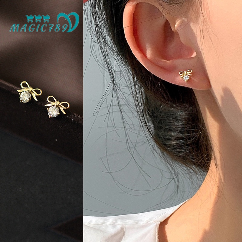 Magic789 Elegan S925 Perak Bersinar Kristal Emas Busur Stud Anting-Anting Untuk Wanita Perempuan Chic Berkilau Berlian Imitasi Ikatan Simpul Anting-Anting Trendi Aksesoris Telinga Harian