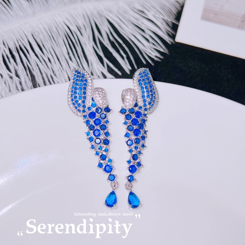 Goldkingdom Fashion Perhiasan Aksesoris Ready Stock Türkiye Anatolia Desain Industri Berat Berlian Biru Super Flash Anting Wajah Panjang Slim Zirkon Perak Jarum Anting